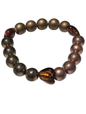 Boho Copper Metallic Tone Beaded Bracelet Stretch Heart Accent Fashion Jewelry